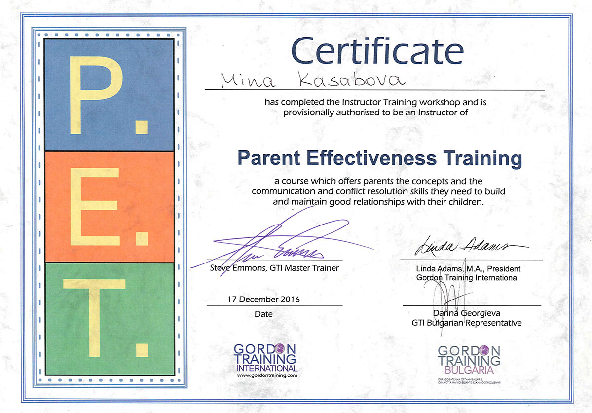 трениране на успешни родители - сертификат по програма тур на мина касабова